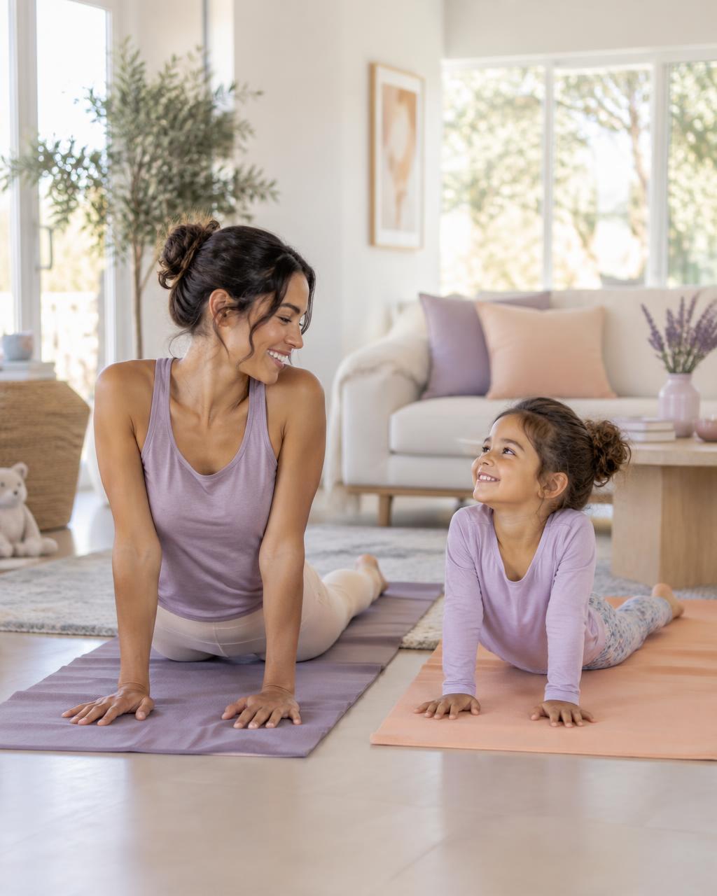 Parent and child practicing yoga at home together
